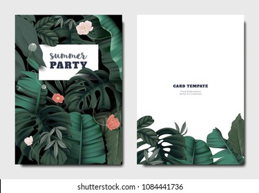 Tropical botanical garden invitation card template design, anemone flowers with leaves on black background