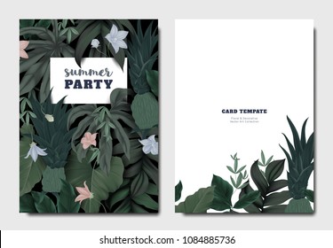 Tropical botanical garden invitation card template design, Platycodon or balloon flowers with leaves on black background