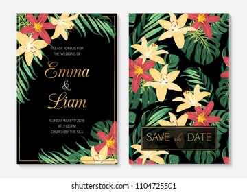 Tropical botanical garden wedding invitation card template. Exotic tropical jungle rainforest green palm tree monstera leaves bright colorful lily flowers on black background. Golden text placeholder.