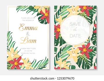 Tropical botanical garden wedding invitation card template. Exotic tropical jungle rainforest green palm tree monstera leaves bright colorful lily flowers on white background. Golden text placeholder.