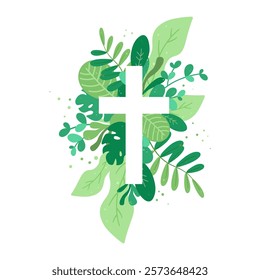 Tropical Botanical Greenery and Cross. Easter Cross. Holy Spirit. Religious. Christian Cross and Green Leaves for Church, Calendars, Holiday Cards, Baptism, Christening Invitation. Catholic Religious