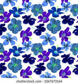 tropical botanical Hibiscus blue cool tone design for illustration vector seamless pattern with white background