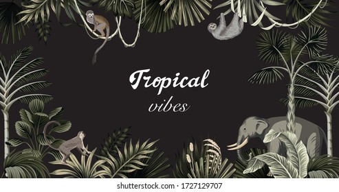 Tropical botanical hight landscape, monkey, sloth, elephant animals, palm leaves, palm trees floral frame black background. Exotic jungle night illustration.