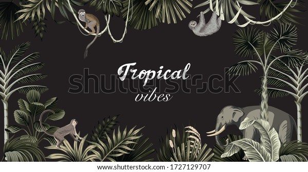 Tropical botanical high landscape, monkey, sloth, elephant animals, palm leaves, palm trees floral frame black background. Exotic jungle night mural illustration.