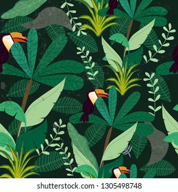 Tropical botanical jungle forest, Hornbills bird in green leaves seamless pattern,for summer wildlife background,garden concept illustration vector by freehand doodle comic art,for textile print