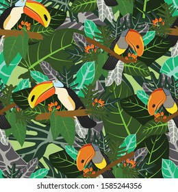 Tropical botanical jungle forest, Hornbills bird in green leaves seamless pattern, background,garden concept illustration vector by freehand doodle comic art,for textile print