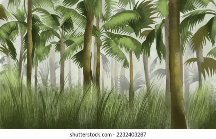 Tropical botanical landscape illustration, palm tree, wall mural forest background. Exotic green jungle background and wallpaper, Forrest, Rainforest, Nature Illustration