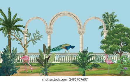 Tropical botanical landscape Mughal garden, arch, peacock, plant botanical landscape illustration. Mural jungle wallpaper.