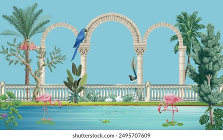 Tropical botanical landscape Mughal garden, arch, peacock, plant botanical landscape illustration. Mural jungle wallpaper.