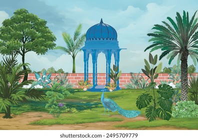 Tropical botanical landscape Mughal garden, arch, peacock, plant botanical landscape illustration. Mural jungle wallpaper.