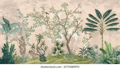 Tropical Botanical Palm Leaf Fabric Wallpaper Living Room, Mural Wallpaper, Garden Illustration.