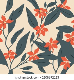 Tropical botanical seamless pattern. Blossom flowers and botanical branch print. Trendy contemporary collage art. 