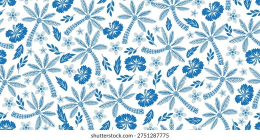 Tropical botanical Seamless pattern. Palm Tree Toile de Jouy. Blue Tones Hibiscus pattern. Etching motif, exotic Palm design. Hawaiian shirt summer design. Line Art Botanical Monochromatic Palm.