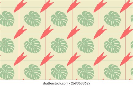 Tropical botanical seamless pattern with stylized green monstera leaves and coral shapes