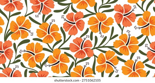 Tropical botanical Seamless pattern. yellow Tones Hibiscus pattern.motif exotic hibiscus design. Hawaiian shirt summer design. Monochromatic floral, Yellow floral patterns. Motif hibiscus flower.