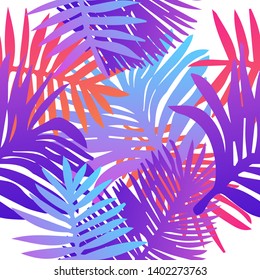 Tropical botanical seamless vector pattern with palm leaves. Vivid neon gradient colors, synthwave/ vaporwave/ retrowave 80s-90s style aesthetics.