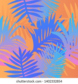 Tropical botanical seamless vector pattern with palm leaves. Vivid neon gradient colors, synthwave/ vaporwave/ retrowave 80s-90s style aesthetics.