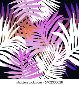 Tropical botanical seamless vector pattern with palm leaves. Vivid neon gradient colors, synthwave/ vaporwave/ retrowave 80s-90s style aesthetics.