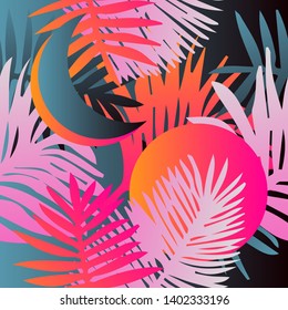 Tropical botanical seamless vector pattern with palm leaves. Vivid neon gradient colors, synthwave/ vaporwave/ retrowave 80s-90s style aesthetics.