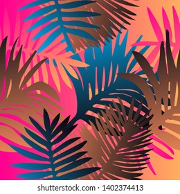 Tropical botanical seamless vector pattern with palm leaves. Vivid neon gradient colors, synthwave/ vaporwave/ retrowave 80s-90s style aesthetics.