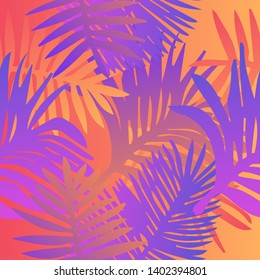 Tropical botanical seamless vector pattern with palm leaves. Vivid neon gradient colors, synthwave/ vaporwave/ retrowave 80s-90s style aesthetics.