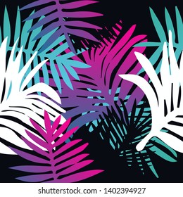 Tropical botanical seamless vector pattern with palm leaves. Vivid neon gradient colors, synthwave/ vaporwave/ retrowave 80s-90s style aesthetics.