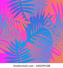 Tropical botanical seamless vector pattern with palm leaves. Vivid neon gradient colors, synthwave/ vaporwave/ retrowave 80s-90s style aesthetics.