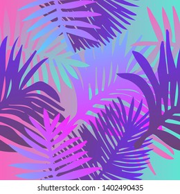 Tropical botanical seamless vector pattern with palm leaves. Vivid neon gradient colors, synthwave/ vaporwave/ retrowave 80s-90s style aesthetics.