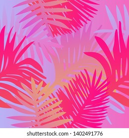 Tropical botanical seamless vector pattern with palm leaves. Vivid neon gradient colors, synthwave/ vaporwave/ retrowave 80s-90s style aesthetics.