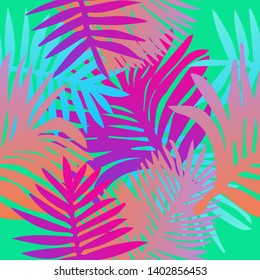 Tropical botanical seamless vector pattern with palm leaves. Vivid neon gradient colors, synthwave/ vaporwave/ retrowave 80s-90s style aesthetics.