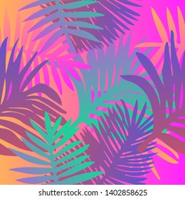 Tropical botanical seamless vector pattern with palm leaves. Vivid neon gradient colors, synthwave/ vaporwave/ retrowave 80s-90s style aesthetics.