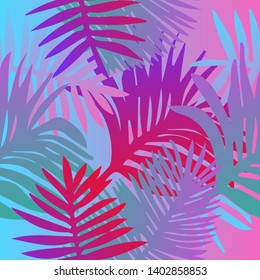 Tropical botanical seamless vector pattern with palm leaves. Vivid neon gradient colors, synthwave/ vaporwave/ retrowave 80s-90s style aesthetics.