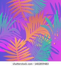 Tropical botanical seamless vector pattern with palm leaves. Vivid neon gradient colors, synthwave/ vaporwave/ retrowave 80s-90s style aesthetics.