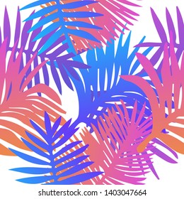 Tropical botanical seamless vector pattern with palm leaves. Vivid neon gradient colors, synthwave/ vaporwave/ retrowave 80s-90s style aesthetics.