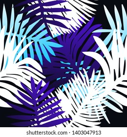 Tropical botanical seamless vector pattern with palm leaves. Vivid neon gradient colors, synthwave/ vaporwave/ retrowave 80s-90s style aesthetics.