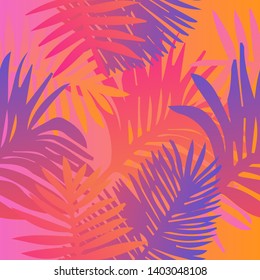 Tropical botanical seamless vector pattern with palm leaves. Vivid neon gradient colors, synthwave/ vaporwave/ retrowave 80s-90s style aesthetics.