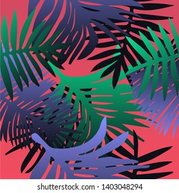 Tropical botanical seamless vector pattern with palm leaves. Vivid neon gradient colors, synthwave/ vaporwave/ retrowave 80s-90s style aesthetics.