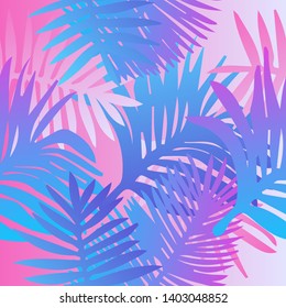 Tropical botanical seamless vector pattern with palm leaves. Vivid neon gradient colors, synthwave/ vaporwave/ retrowave 80s-90s style aesthetics.