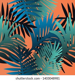 Tropical botanical seamless vector pattern with palm leaves. Vivid neon gradient colors, synthwave/ vaporwave/ retrowave 80s-90s style aesthetics.