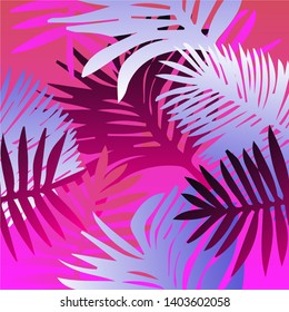 Tropical botanical seamless vector pattern with palm leaves. Vivid neon gradient colors, synthwave/ vaporwave/ retrowave 80s-90s style aesthetics.