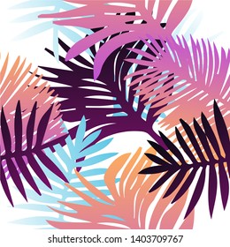 Tropical botanical seamless vector pattern with palm leaves. Vivid neon gradient colors, synthwave/ vaporwave/ retrowave 80s-90s style aesthetics.