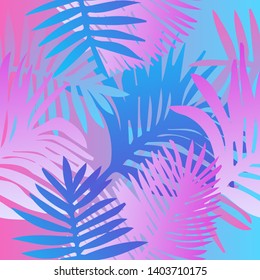 Tropical botanical seamless vector pattern with palm leaves. Vivid neon gradient colors, synthwave/ vaporwave/ retrowave 80s-90s style aesthetics.
