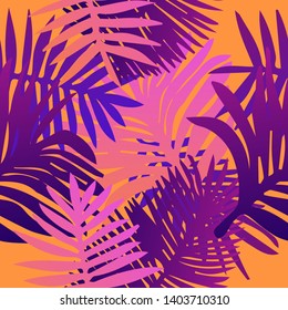 Tropical botanical seamless vector pattern with palm leaves. Vivid neon gradient colors, synthwave/ vaporwave/ retrowave 80s-90s style aesthetics.