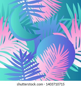 Tropical botanical seamless vector pattern with palm leaves. Vivid neon gradient colors, synthwave/ vaporwave/ retrowave 80s-90s style aesthetics.