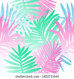 Tropical botanical seamless vector pattern with palm leaves. Vivid neon gradient colors, synthwave/ vaporwave/ retrowave 80s-90s style aesthetics.