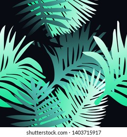 Tropical botanical seamless vector pattern with palm leaves. Vivid neon gradient colors, synthwave/ vaporwave/ retrowave 80s-90s style aesthetics.