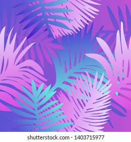 Tropical botanical seamless vector pattern with palm leaves. Vivid neon gradient colors, synthwave/ vaporwave/ retrowave 80s-90s style aesthetics.