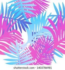 Tropical botanical seamless vector pattern with palm leaves. Vivid neon gradient colors, synthwave/ vaporwave/ retrowave 80s-90s style aesthetics.