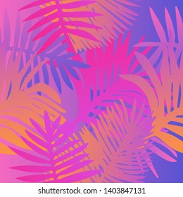 Tropical botanical seamless vector pattern with palm leaves. Vivid neon gradient colors, synthwave/ vaporwave/ retrowave 80s-90s style aesthetics.