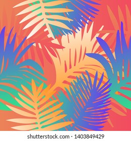 Tropical botanical seamless vector pattern with palm leaves. Vivid neon gradient colors, synthwave/ vaporwave/ retrowave 80s-90s style aesthetics.